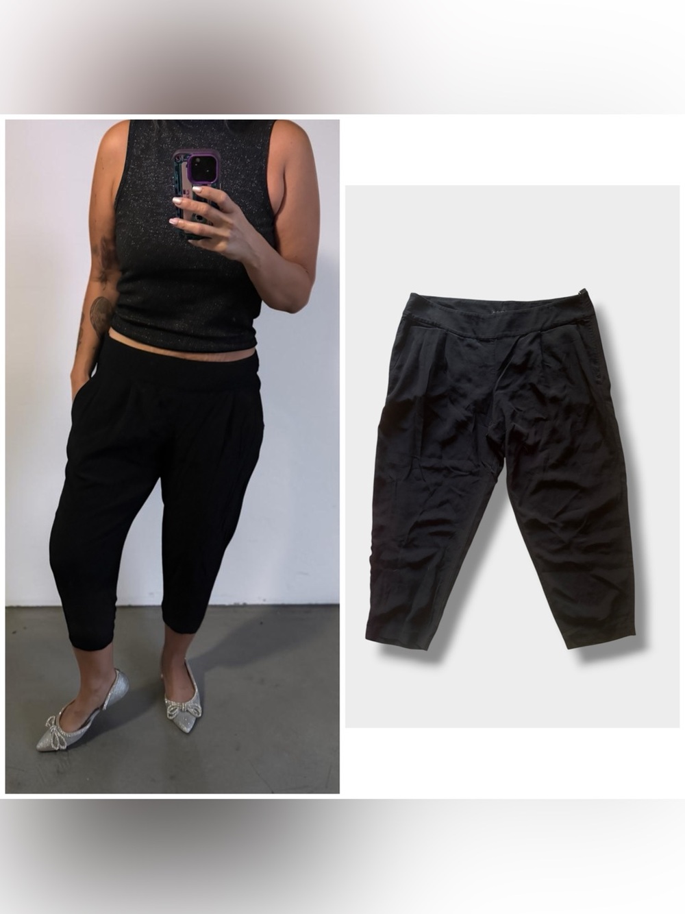 Eileen Fisher Black Cropped Relaxed-Fit Ankle Dress Pants, Large